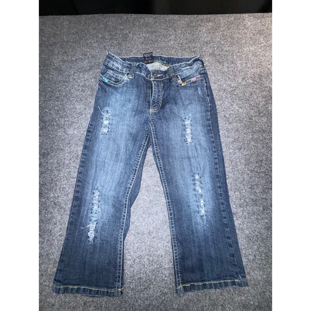 Suko Jeans Womens Distressed Denim Capris Blue Embroidered Cropped Size 8
